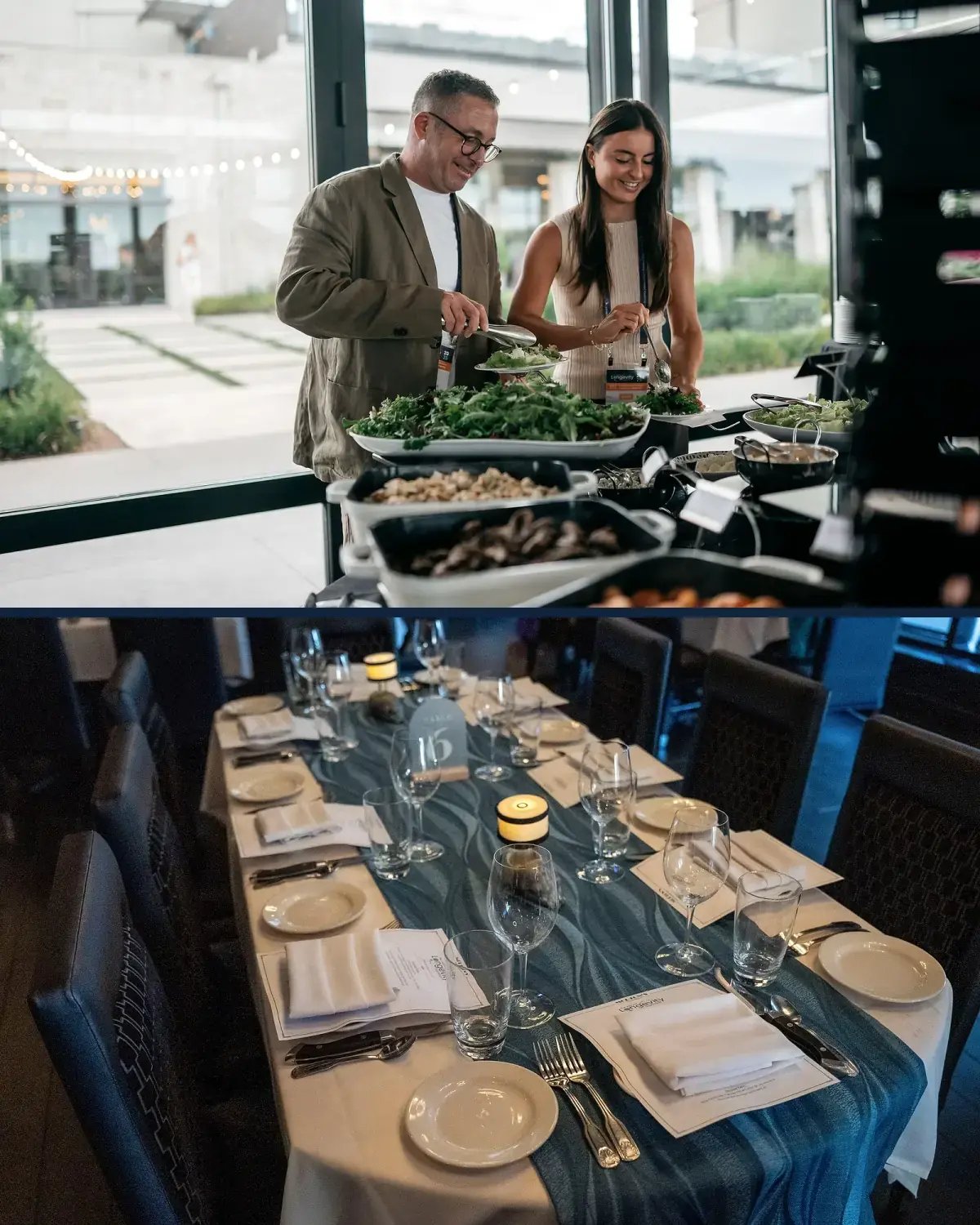 Conference buffet service and professionally prepared branded dinner table setting