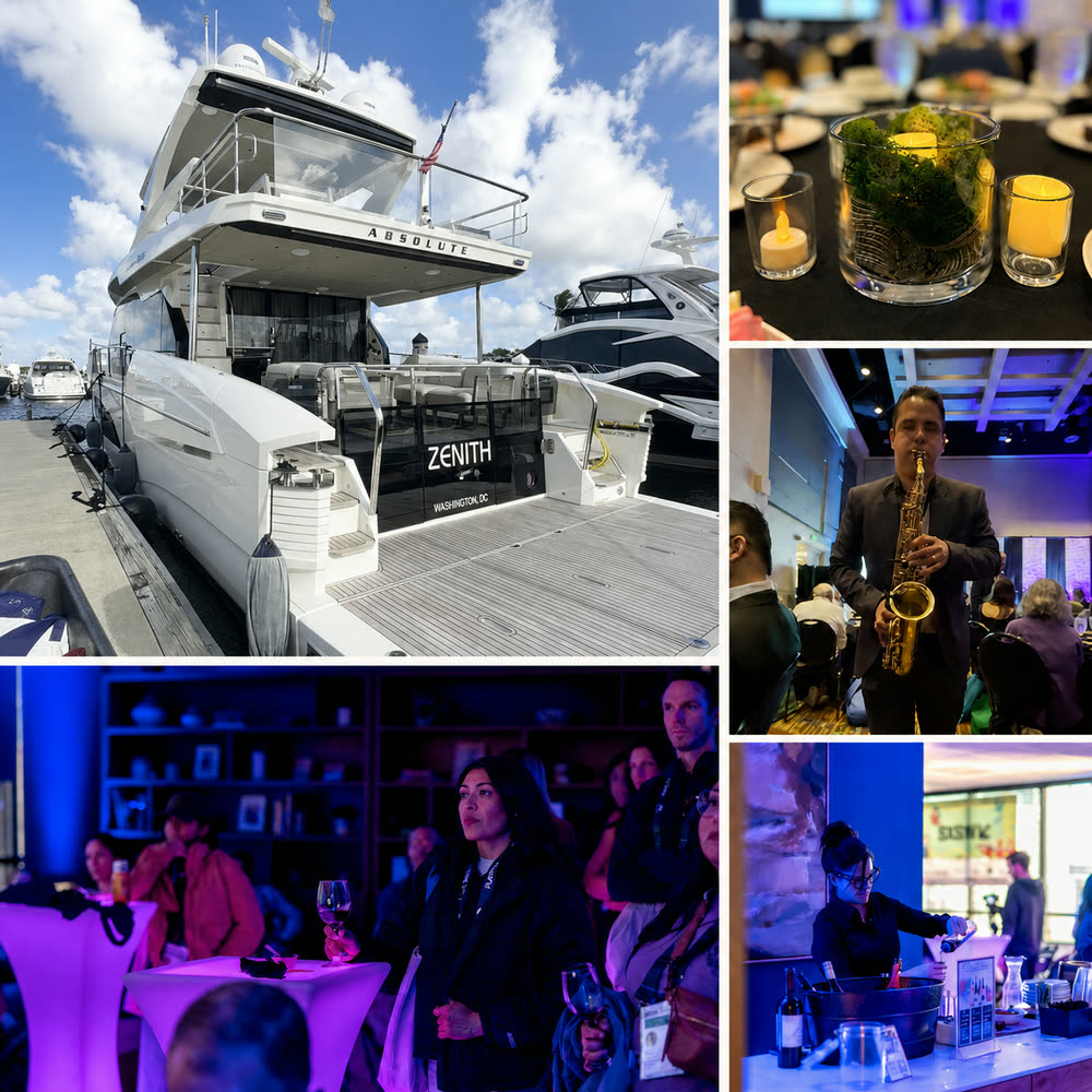 Luxury yacht at the marina, A4M dinner entertainment, and SXSW hospitality event collage Luxury yacht at the marina, A4M dinner entertainment, and SXSW hospitality event collage