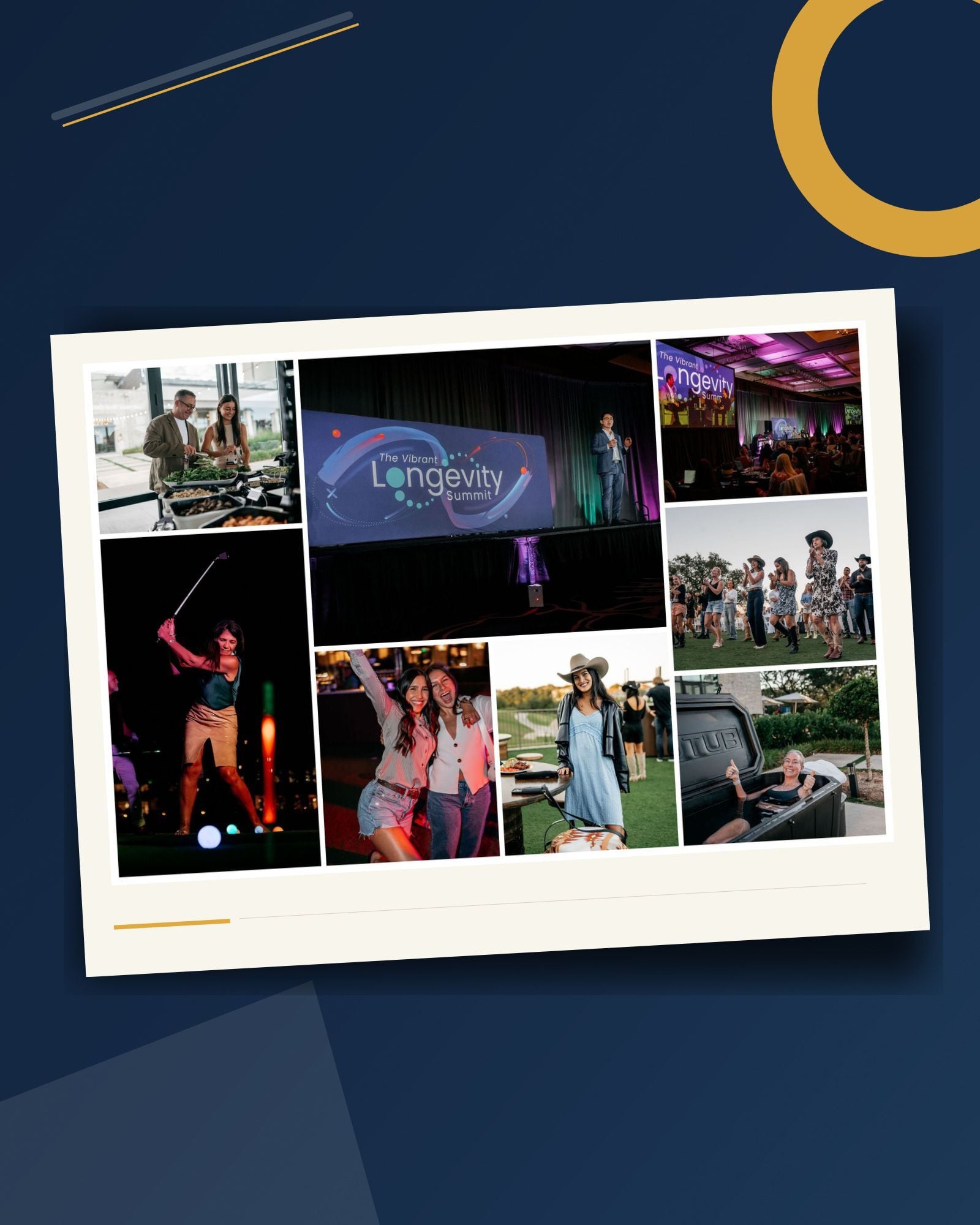 Client results event collage featuring food and beverage, AV production, keynote programming, attendee experiences, and wellness activations